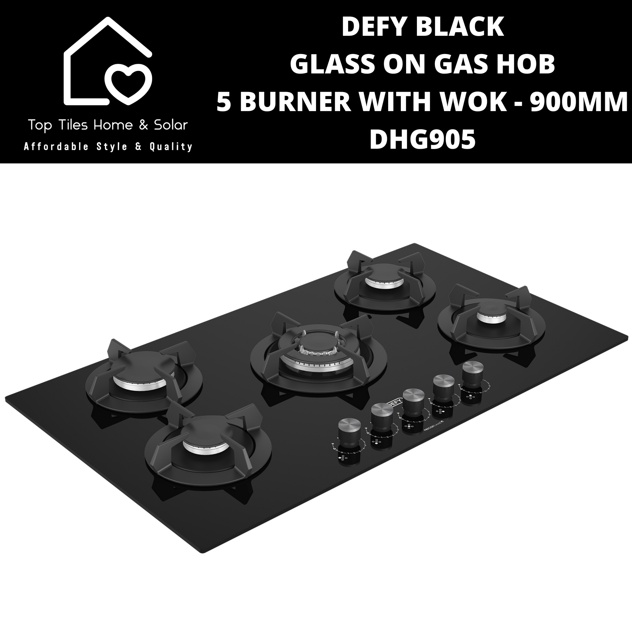 Defy Black Glass on Gas Hob 5 Burner With Wok - 90cm DHG905 – Top