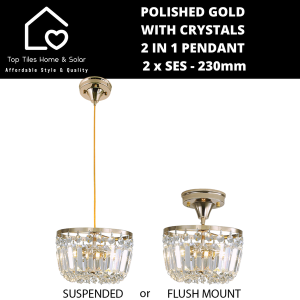 Polished Gold with Crystals 2 in 1 Pendant - 2 x SES - 230mm