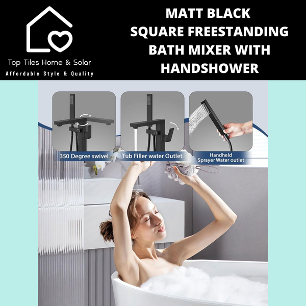 Matt Black Square Freestanding Bath Mixer With Handshower