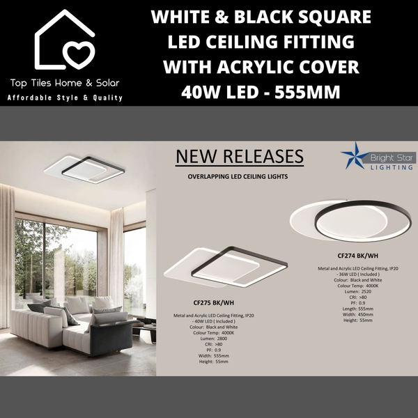 White & Black Square LED Ceiling Fitting with Acrylic Cover - 40W LED - 555mm
