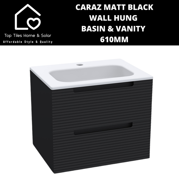 Caraz Matt Black Wall Hung Basin & 2 Drawer Vanity - 610mm