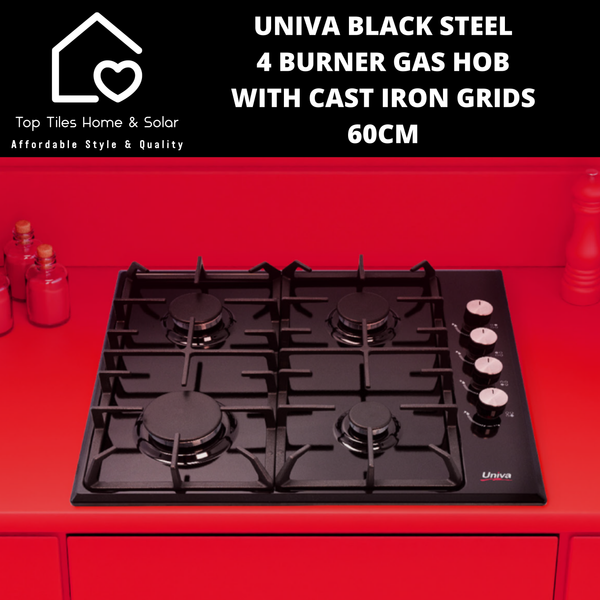Univa Black Steel 4 Burner Gas Hob with Cast Iron Grids - 60cm