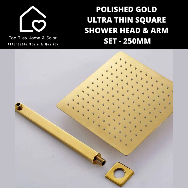 Polished Gold Ultra Thin Square Shower Head & Arm Set - 250mm