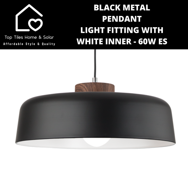 Black Metal Pendant Light Fitting with White Inner - 60W ES