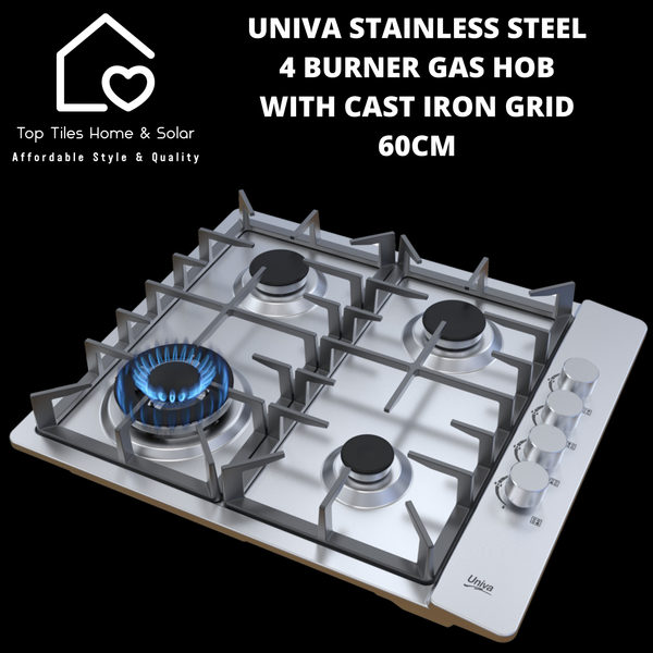 Univa Stainless Steel 4 Burner Gas Hob with Cast Iron Grid - 60cm