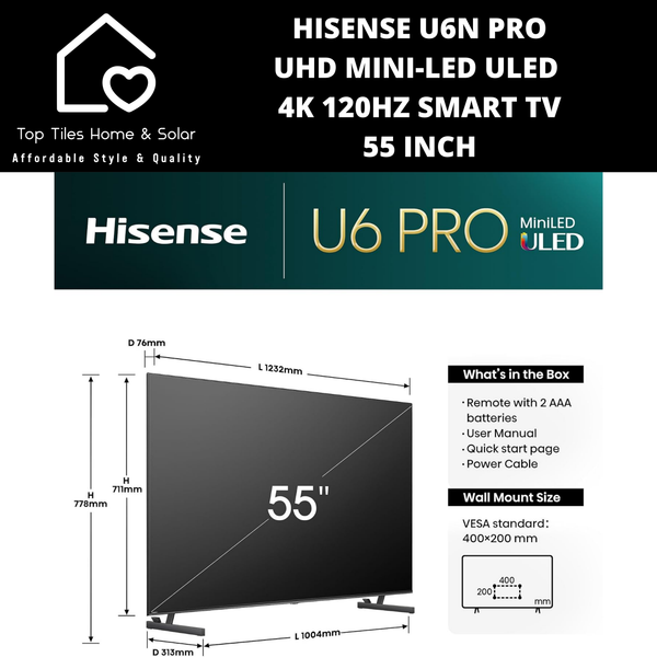 Hisense U6N Pro UHD Mini-LED ULED 4K 120Hz Smart TV - 55 Inch