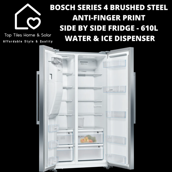 Bosch Series 4 - Anti-Finger Print Brushed Steel Side by Side Fridge - 610L Water & Ice Dispenser