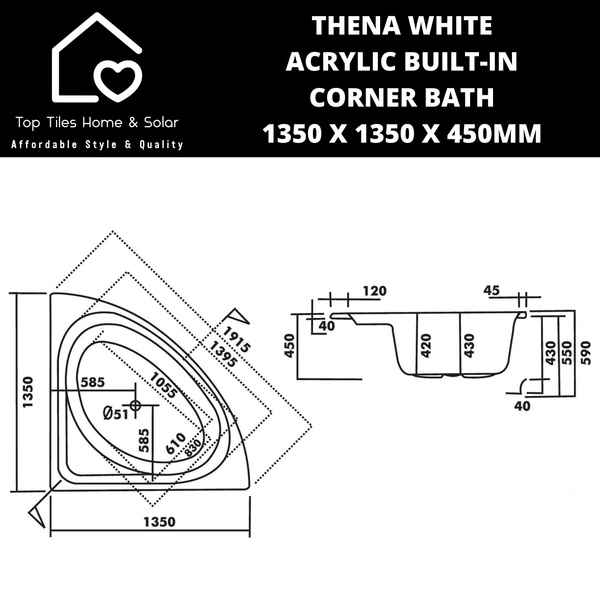 Thena White Acrylic Built-In Corner Bath 1350 x 1350 x 450mm