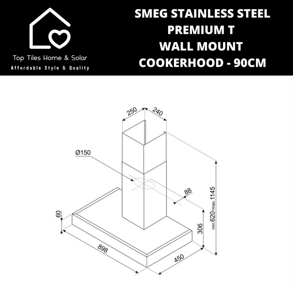 Smeg Stainless Steel Premium T Wall Mount Cookerhood - 90cm