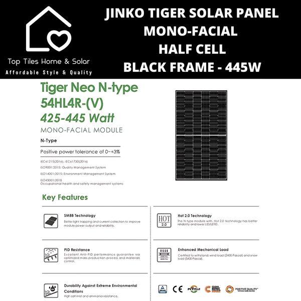 Jinko Tiger Solar Panel Mono-Facial Half Cell Black Frame - 445W