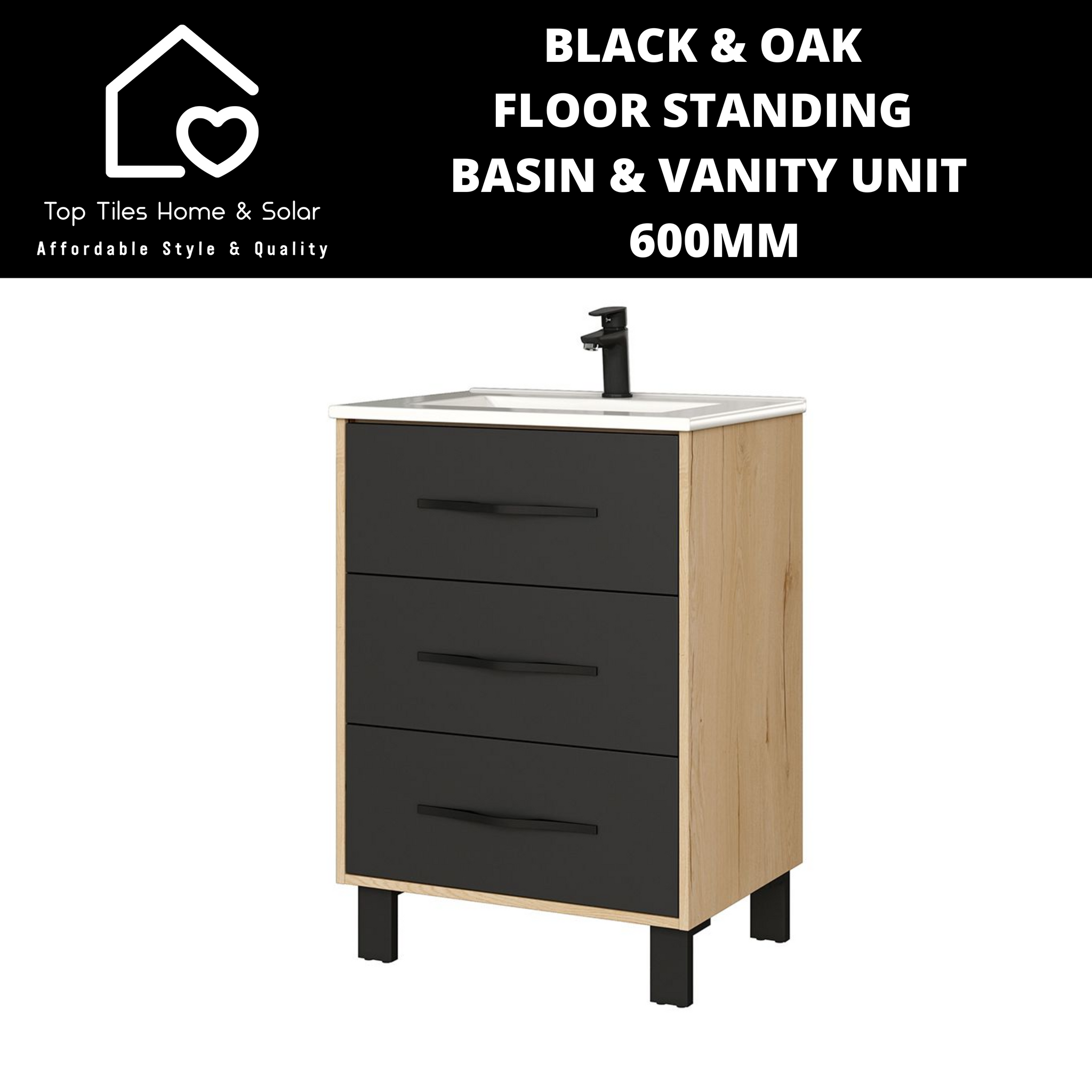 Black & Oak Floor Standing Vanity & White Basin -  600mm