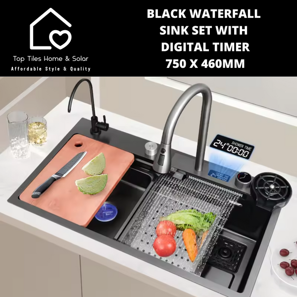 Black Stainless Steel Digital Waterfall Kitchen Sink Set - 750 x 460mm