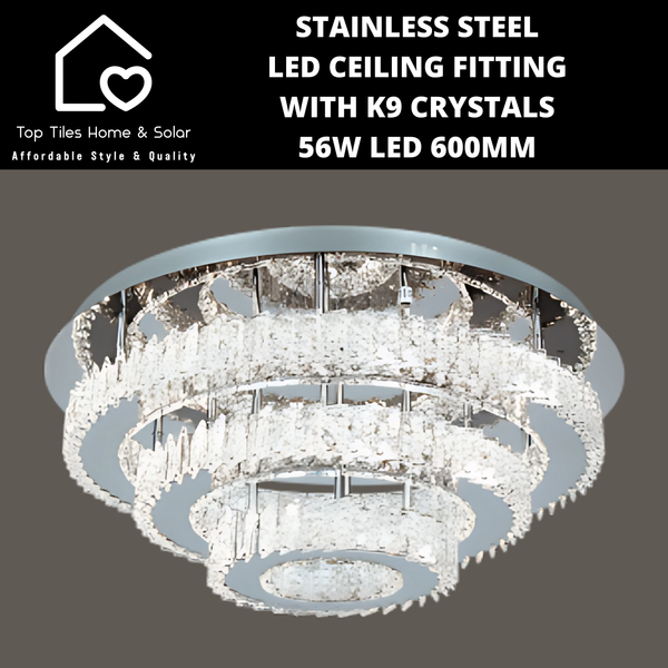 Stainless Steel LED Ceiling Fitting with K9 Crystals - 56W LED 600mm