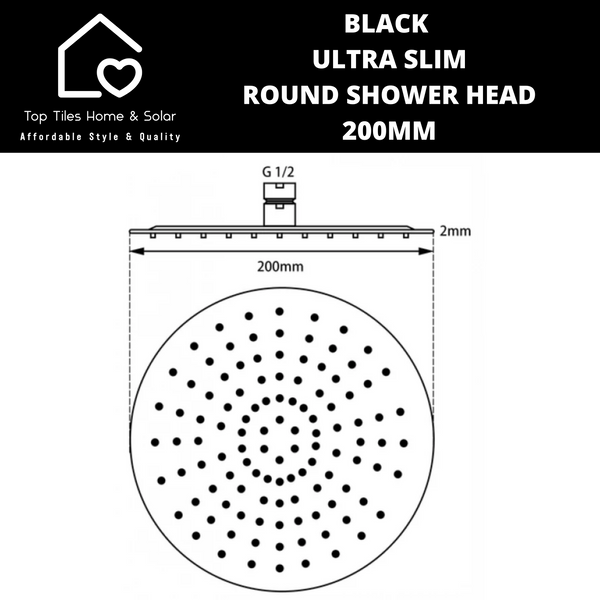 Black Ultra Slim Round Shower Head - 200mm