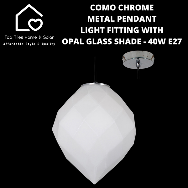 Como Chrome Metal Pendant Light Fitting with Opal Glass Shade - 40W E27