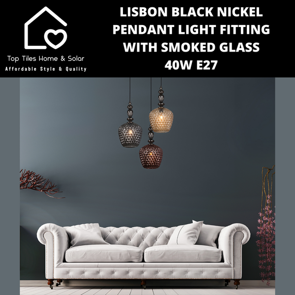 Lisbon Black Nickel Pendant Light Fitting with Smoked Glass - 40W E27