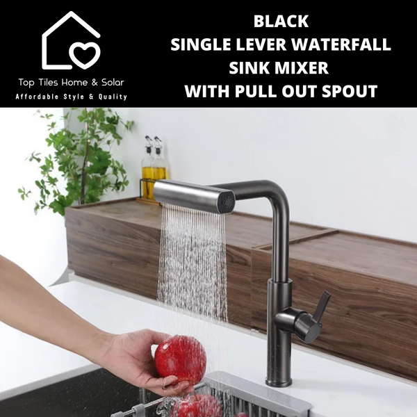 Black Single Lever Waterfall Sink Mixer With Pull Out Spout