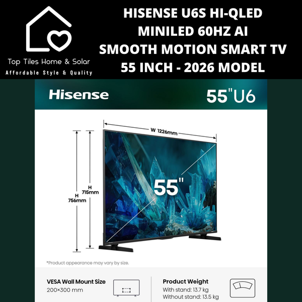 Hisense U6S Hi-QLED MiniLED 60Hz AI Smooth Motion Smart TV - 55 Inch 2026