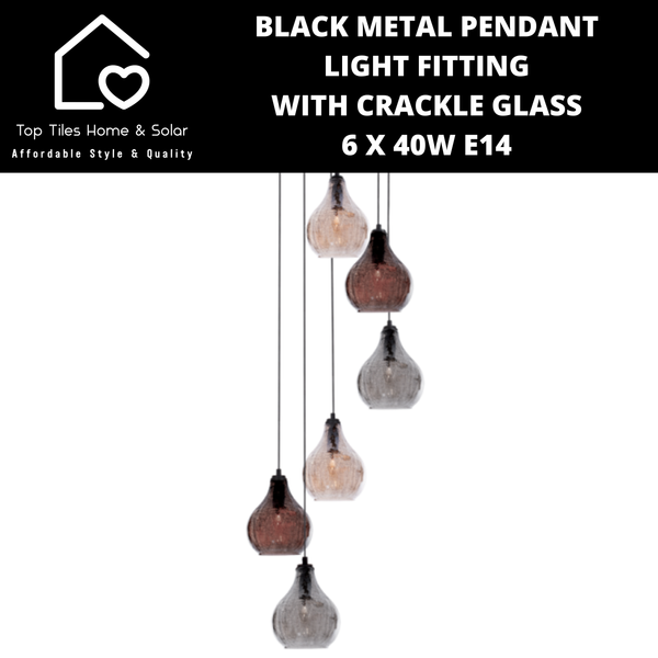 Black Metal Pendant Light Fitting with Crackle Glass - 6 x 40W E14