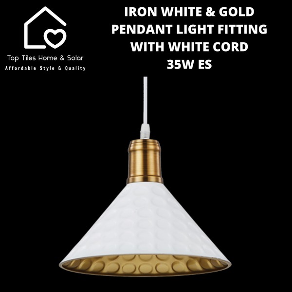 Iron White & Gold Pendant Light Fitting with White Cord - 35W ES