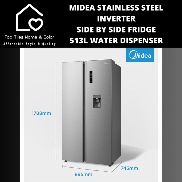 Midea Stainless Steel Inverter Side by Side Fridge - 513L Water Dispenser