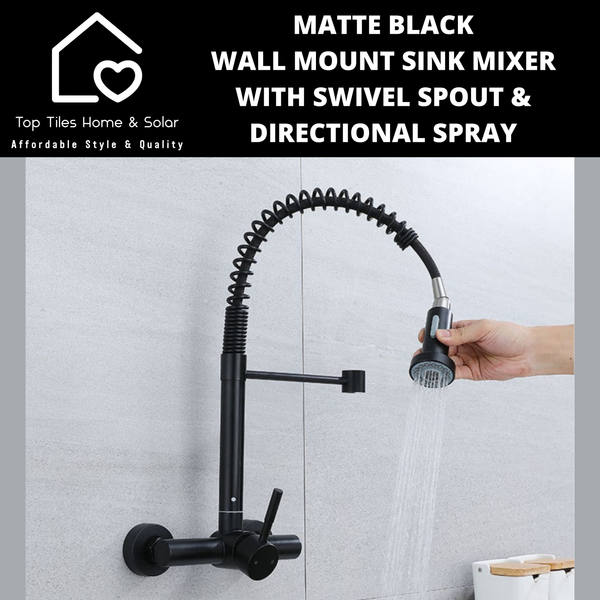 Matte Black Wall Mount Sink Mixer with Swivel Spout & Directional Spray