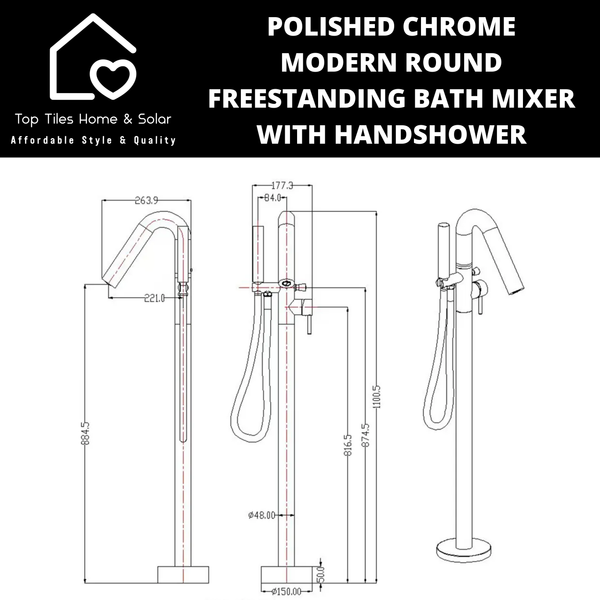 Polished Chrome Modern Round Freestanding Bath Mixer With Handshower