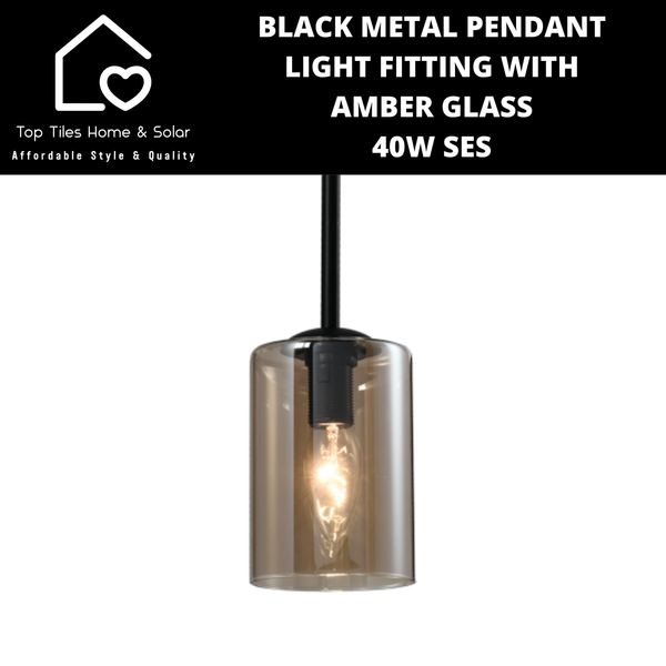 Black Metal Pendant Light Fitting with Amber Glass - 40W SES