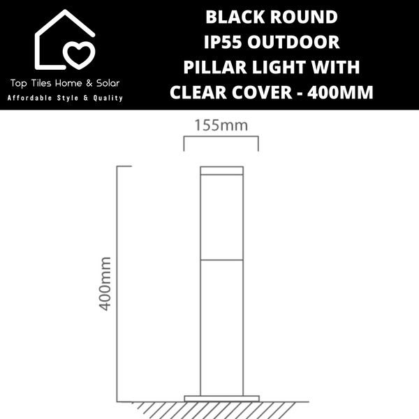 Black Round IP55 Outdoor Pillar Light with Clear Cover - 400mm