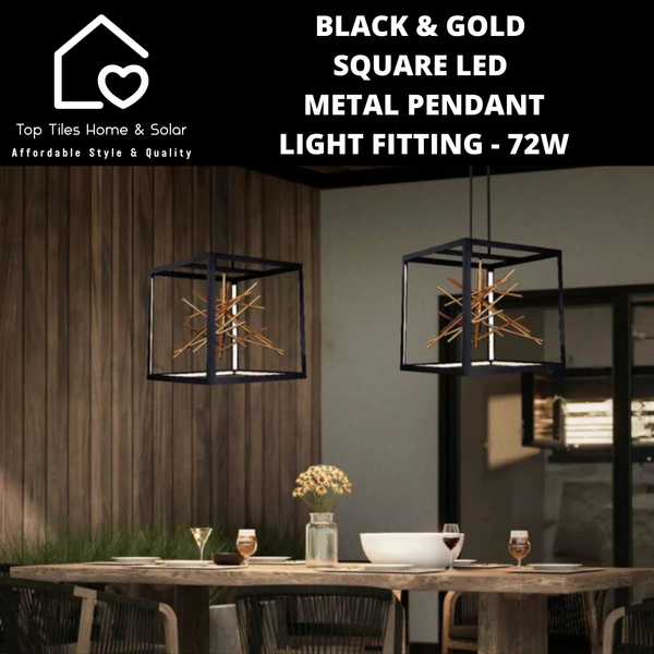 Black & Gold Square LED Metal Pendant Light Fitting - 72W