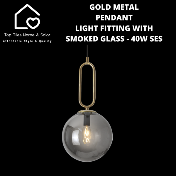 Gold Metal Pendant Light Fitting with Smoked Glass - 40W SES