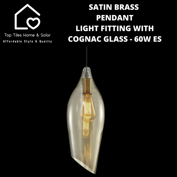 Satin Brass Pendant Light Fitting with Cognac Glass - 60W ES