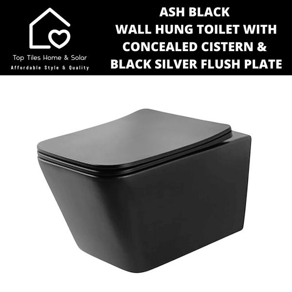 Ash Black Wall Hung Toilet with Icon Cistern & Black Silver Flush Plate