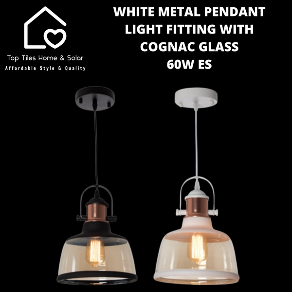 White Metal Pendant Light Fitting with Cognac Glass - 60W ES