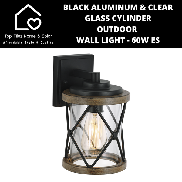 Black Aluminum & Clear Glass Cylinder Outdoor Wall Light - 60W ES