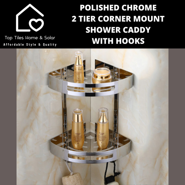Polished Chrome 2 Tier Corner Mount Shower Caddy with Hooks
