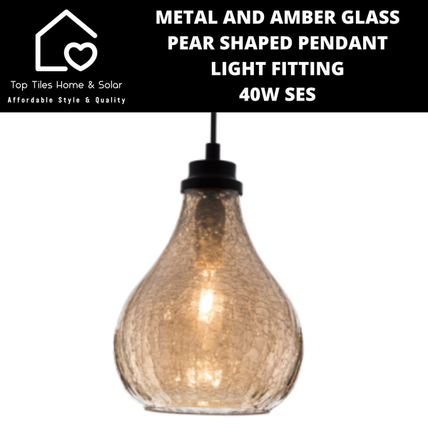 Metal and Amber Glass Pear Shaped Pendant Light Fitting - 40W SES