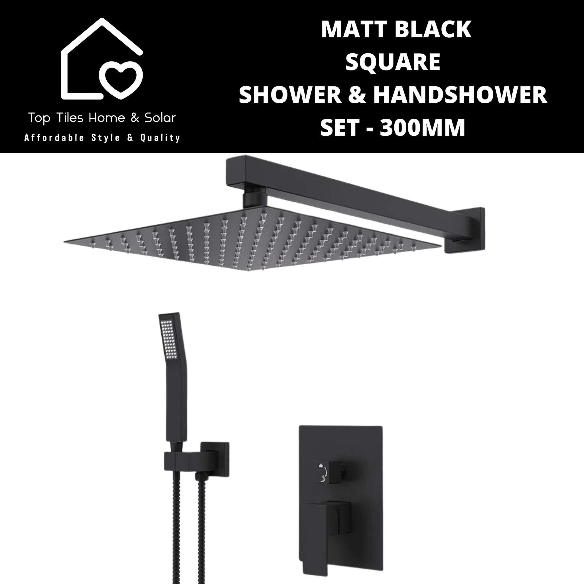 Matt Black Square Shower & Handshower Set - 300mm