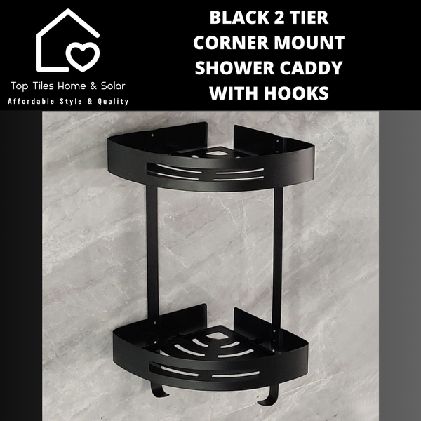 Black 2 Tier Corner Mount Shower Caddy with Hooks
