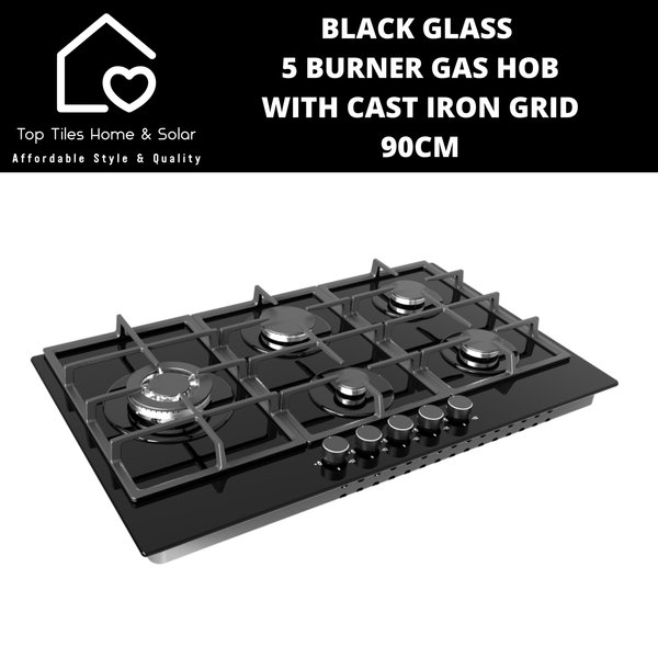 Black Glass 5 Burner Gas Hob with Cast Iron Grid - 90cm