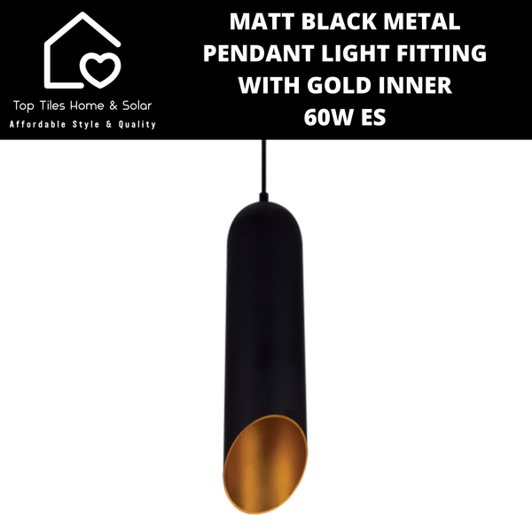 Matt Black Metal Pendant Light Fitting with Gold Inner - 60W ES