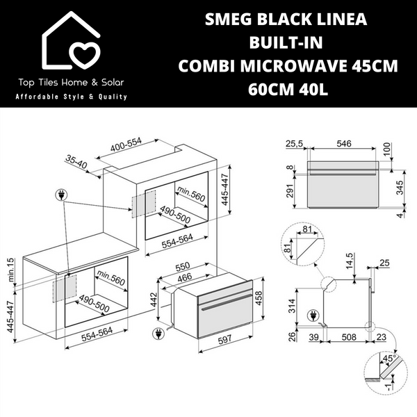 Smeg Black Linea Built-in Combi Microwave 45cm - 60cm 40L