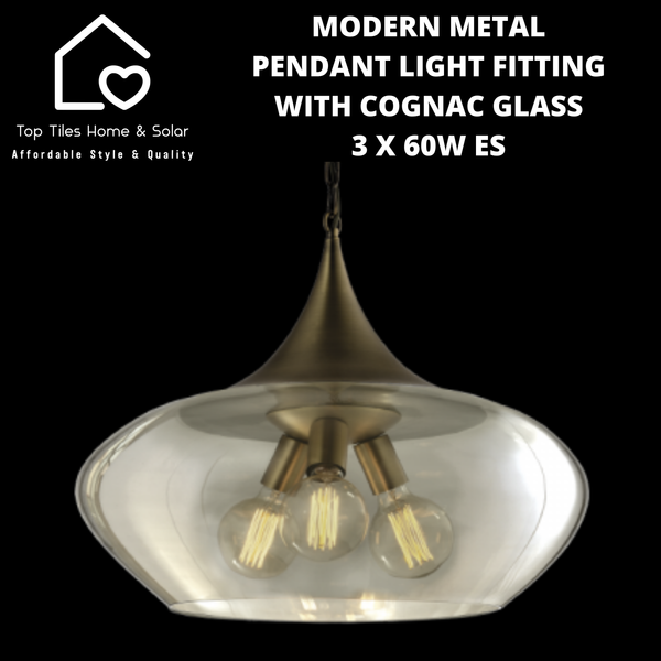 Modern Metal Pendant Light Fitting with Cognac Glass - 3 x 60W ES