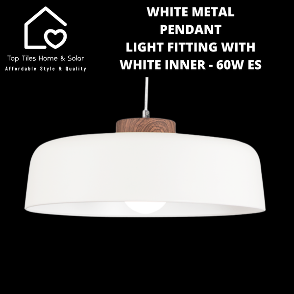 White Metal Pendant Light Fitting with White Inner - 60W ES