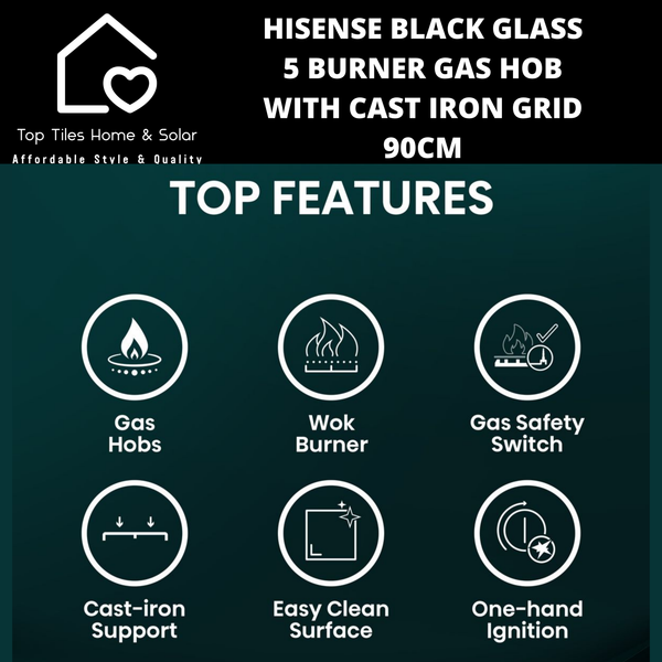 Hisense Black Glass 5 Burner Gas Hob with Cast Iron Grid - 90cm