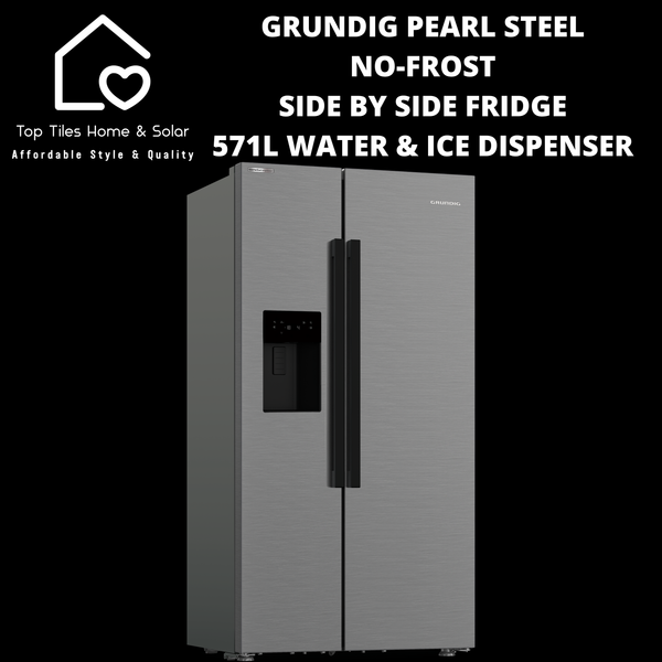 Grundig Pearl Steel No-Frost Side by Side Fridge - 571L Water & Ice Dispenser