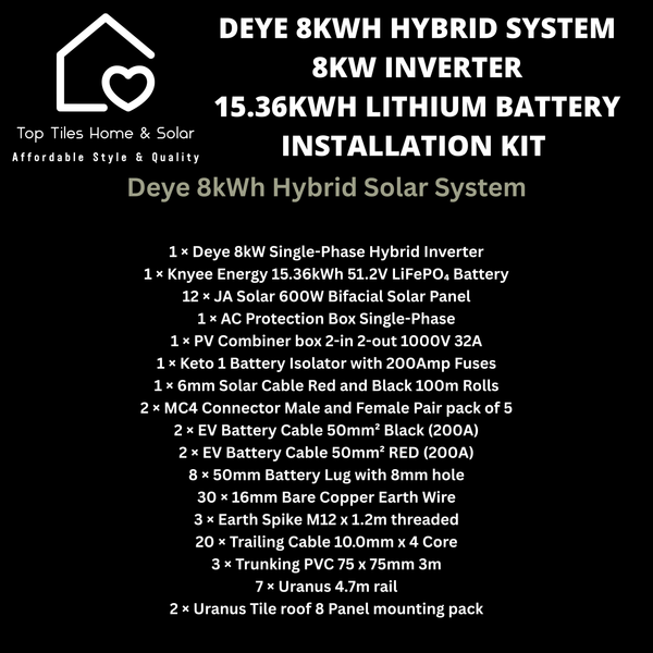 Deye 8kWh Hybrid Solar System - 8kw Inverter + 15.36kwh Lithium Battery + Installation Kit