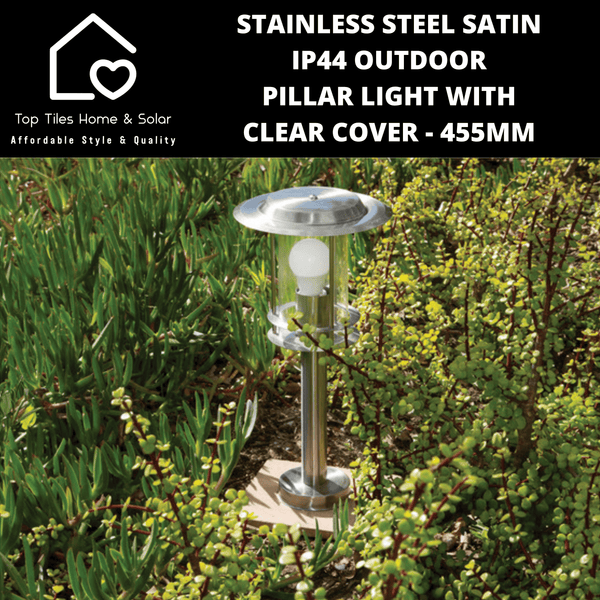Stainless Steel Satin IP44 Outdoor Pillar Light with Clear Cover - 455mm