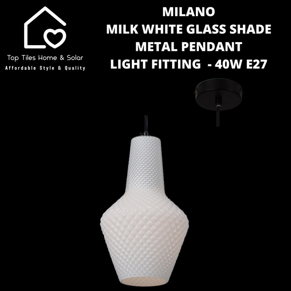 Milano Milk White Glass Shade Metal Pendant Light Fitting  - 40W E27 Small