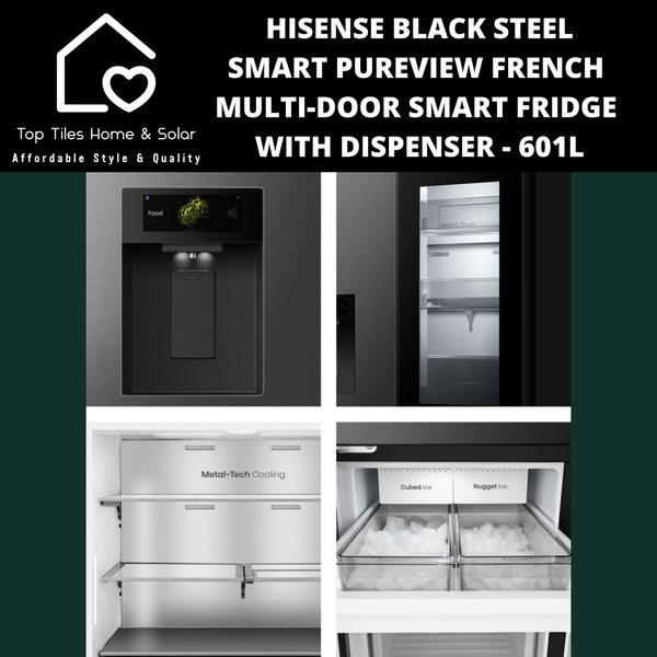 Hisense Premium Black Steel PureView French Multi-Door Smart Fridge with Dispenser - 601L